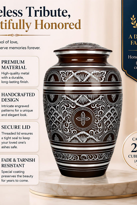 Brass Cremation Urn for Ashes - Black and Silver Engraved Memorial Urn