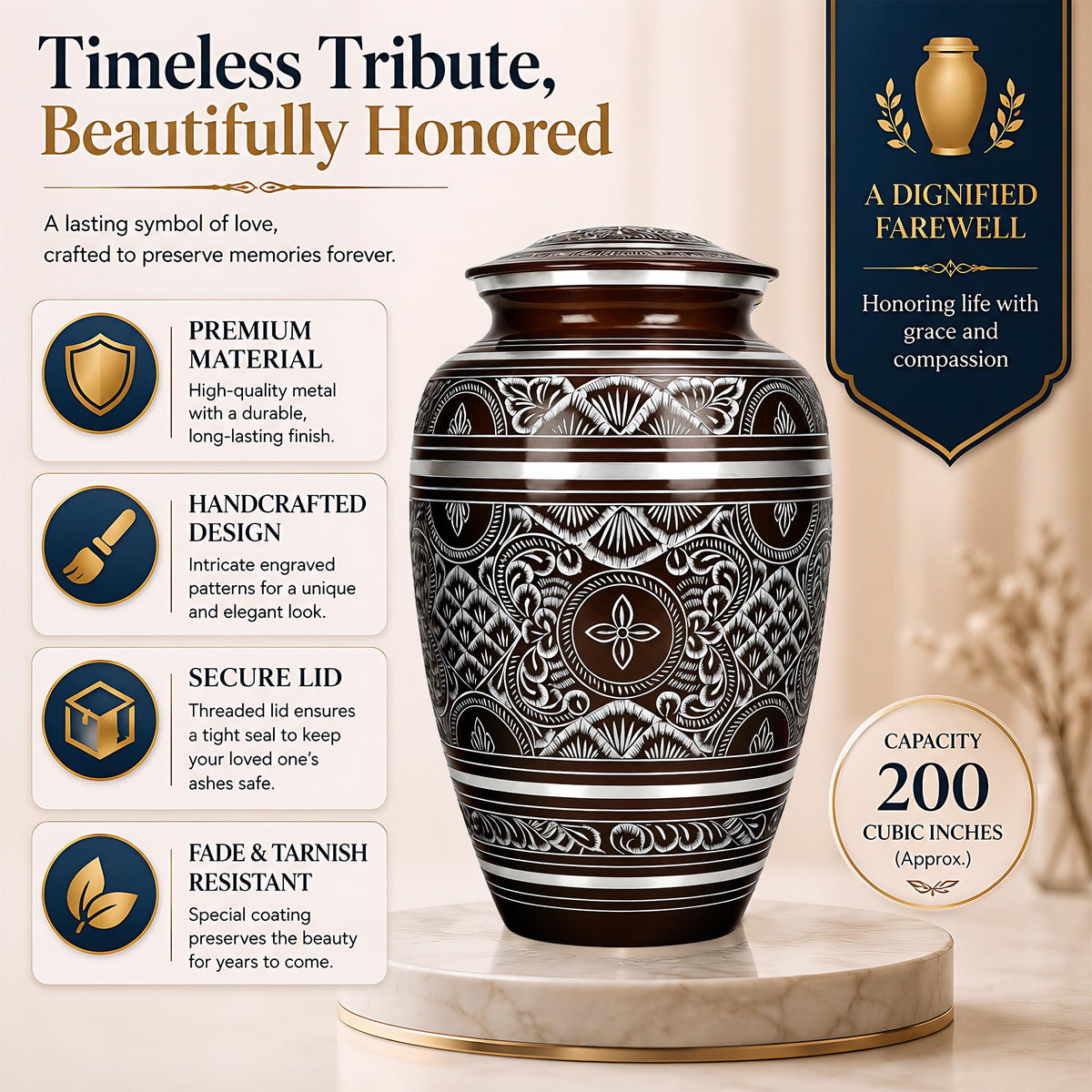 Brass Cremation Urn for Ashes - Black and Silver Engraved Memorial Urn