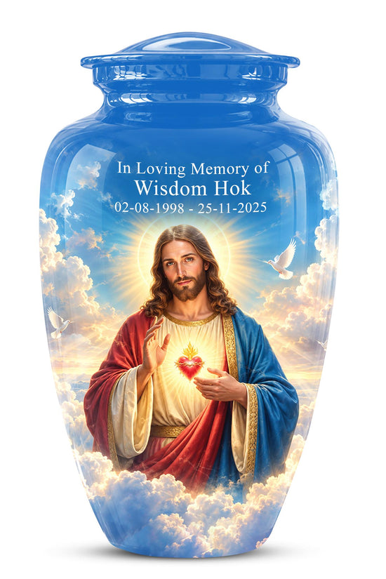 Personalized Sacred Heart of Jesus Cremation Urn for Ashes, Christian Memorial Urn - Catholic Jesus Christ Tribute Urn, Blue Religious Urn
