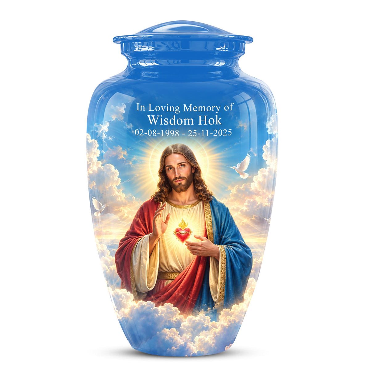 Personalized Sacred Heart of Jesus Cremation Urn for Ashes, Christian Memorial Urn - Catholic Jesus Christ Tribute Urn, Blue Religious Urn