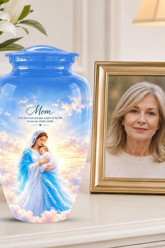 Personalized Mother Mary Cremation Urn, Catholic Memorial Ashes (200 Cubic)