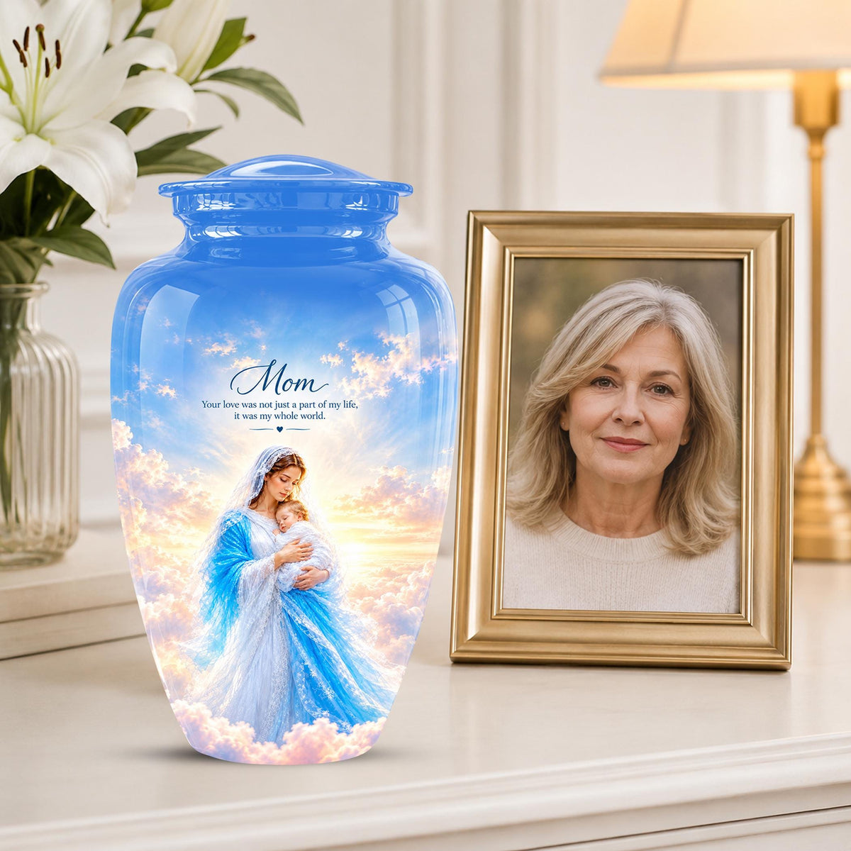Personalized Mother Mary Cremation Urn, Catholic Memorial Ashes (200 Cubic)