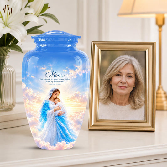 Personalized Mother Mary Cremation Urn, Catholic Memorial Ashes (200 Cubic)