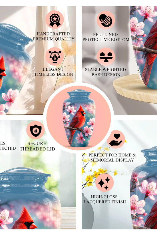 Personalized Cardinal Cherry Blossom Cremation Urn, Memorial Keepsake Urn