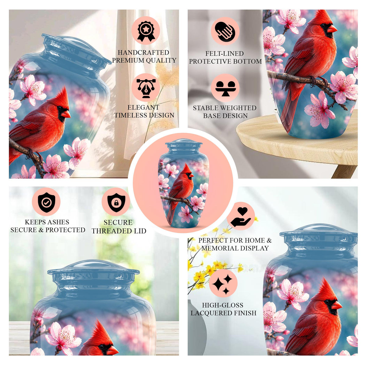 Personalized Cardinal Cherry Blossom Cremation Urn, Memorial Keepsake Urn