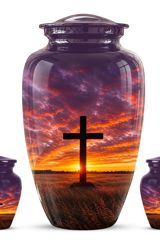Personalized Cross Cremation Urn, Sunset Memorial Keepsake, Christian Ashes Tribute