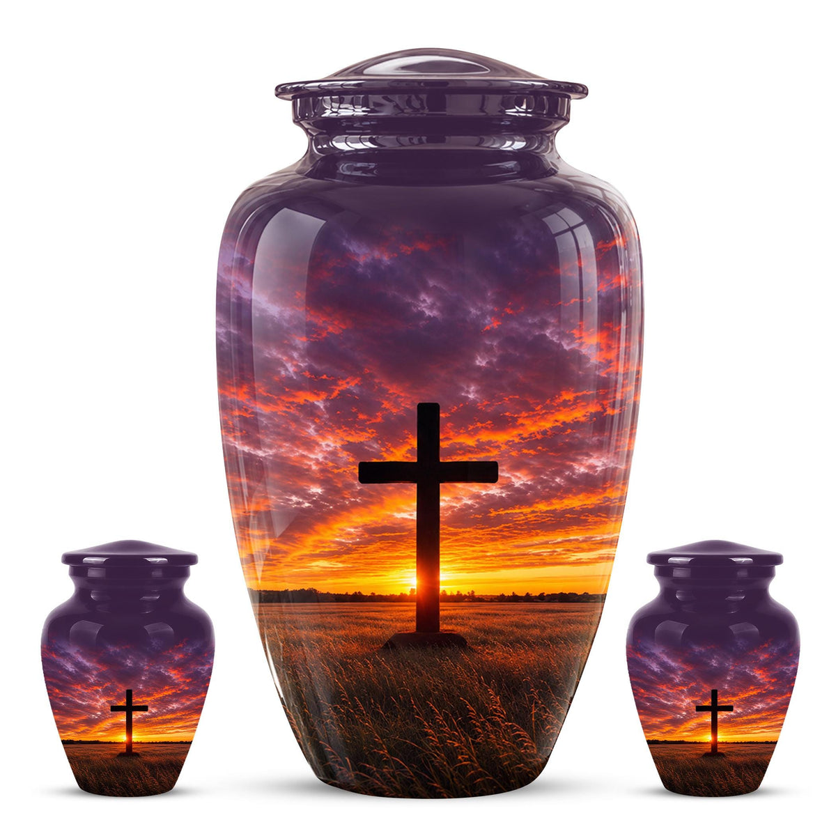 Personalized Cross Cremation Urn, Sunset Memorial Keepsake, Christian Ashes Tribute