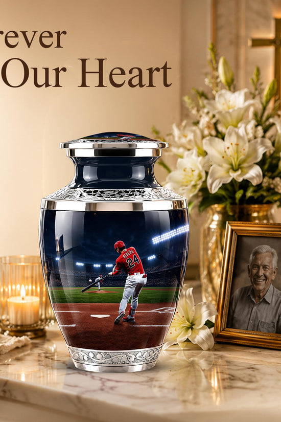 Baseball Player Cremation Urn for Ashes - Red Jersey Baseball Memorial Urn