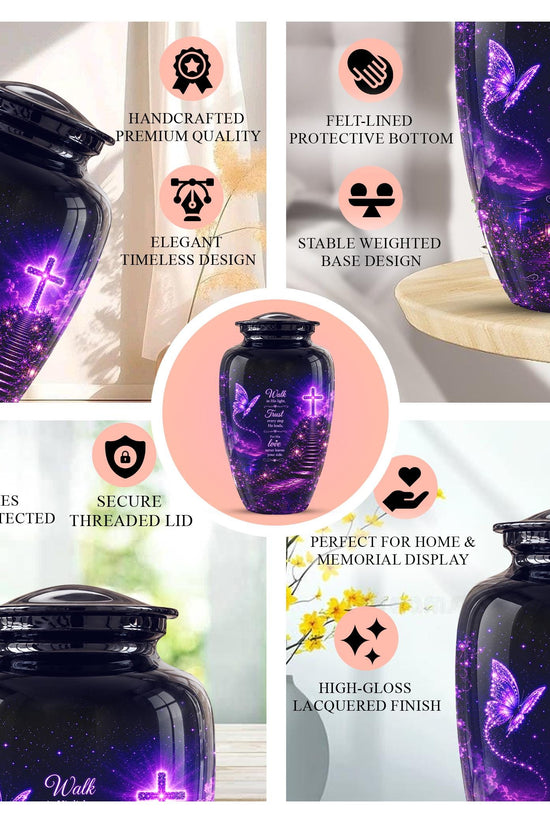 Purple Butterfly Cremation Urn for Ashes - Christian Memorial Urn with Glowing Cross