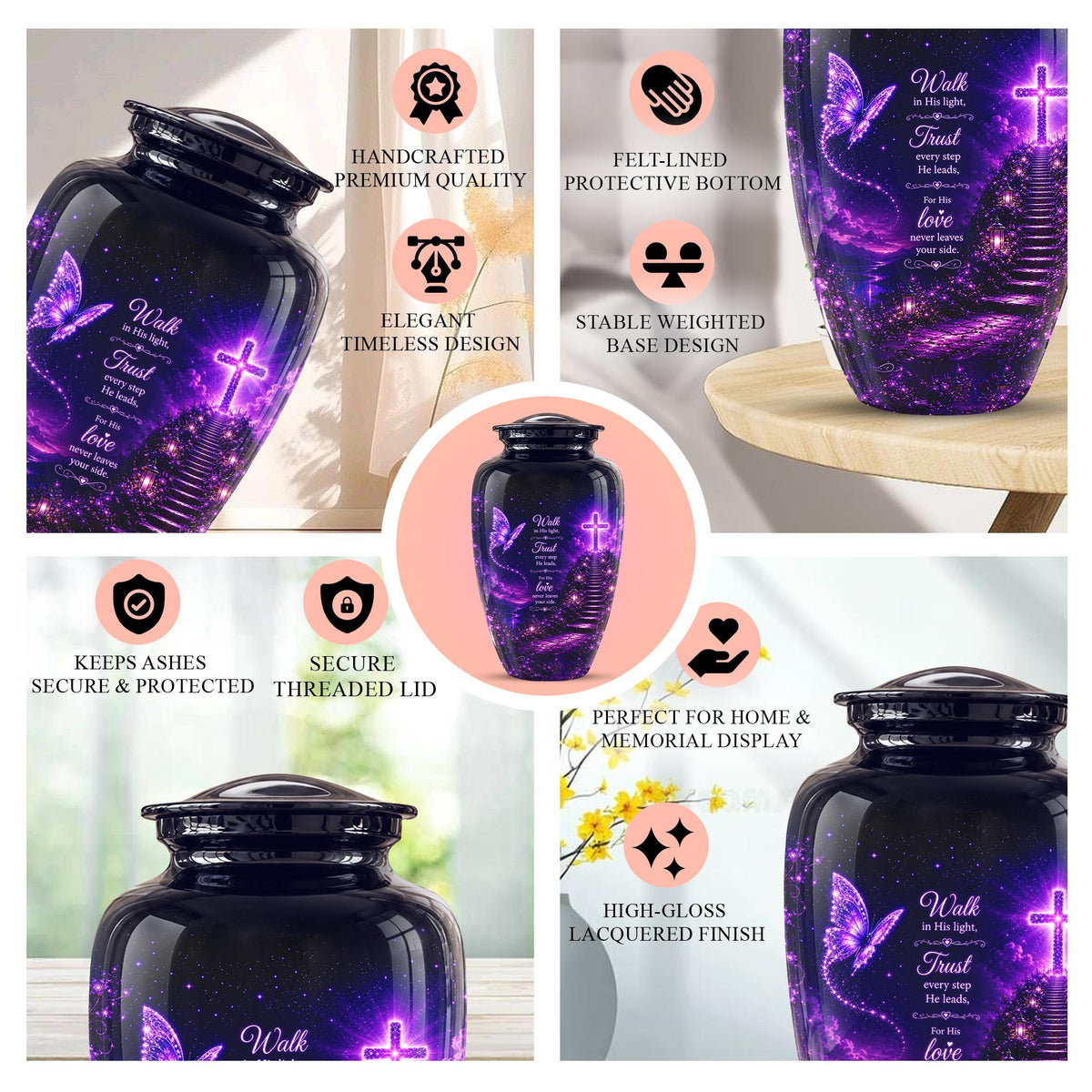 Purple Butterfly Cremation Urn for Ashes - Christian Memorial Urn with Glowing Cross