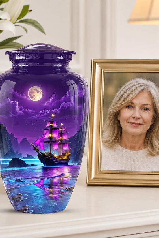 Personalized Pirate Ship Urn, Moonlit Ocean Cremation Memorial Keepsake