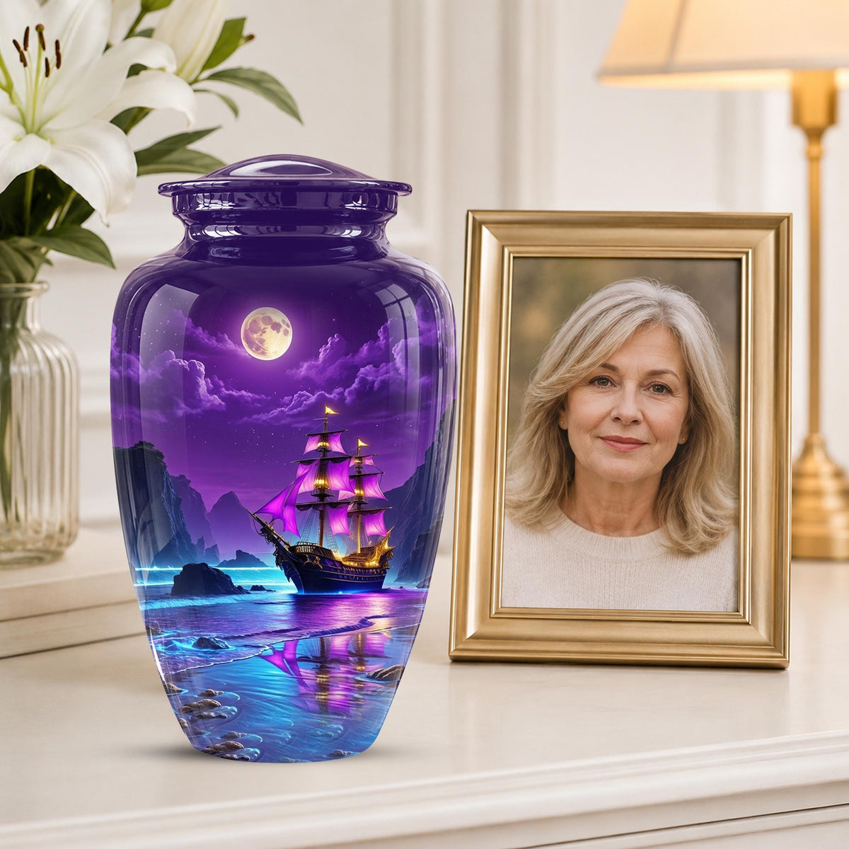 Personalized Pirate Ship Urn, Moonlit Ocean Cremation Memorial Keepsake