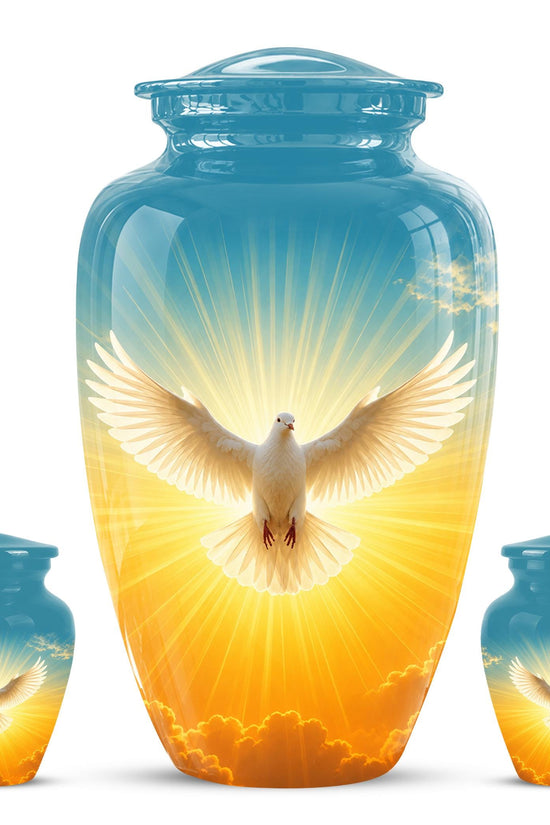 Personalized White Dove Cremation Urn for Ashes - Golden Sunset Dove Memorial Urn, Heavenly Light