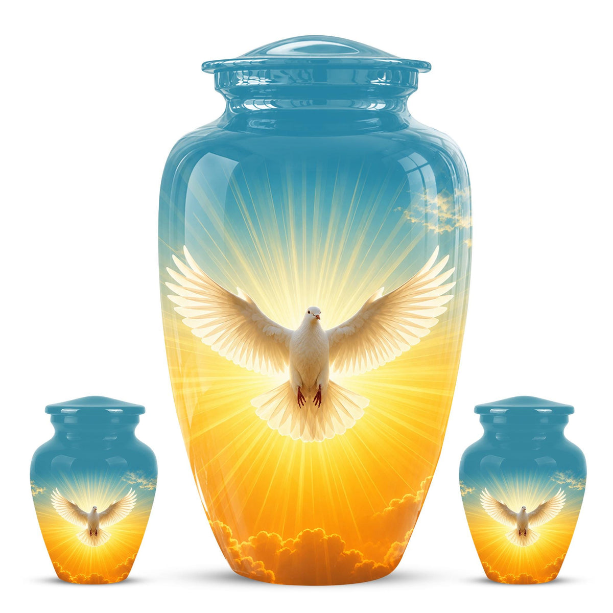 Personalized White Dove Cremation Urn for Ashes - Golden Sunset Dove Memorial Urn, Heavenly Light