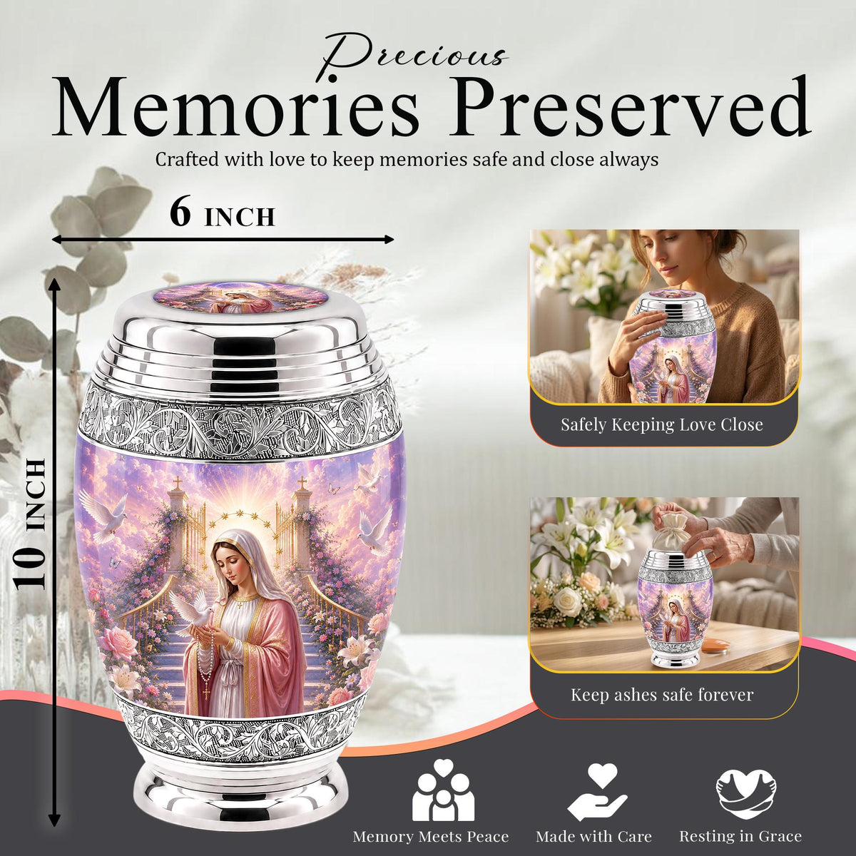 Personalized Mother Mary Cremation Urn, Catholic Memorial Ashes, Religious Funeral Urn
