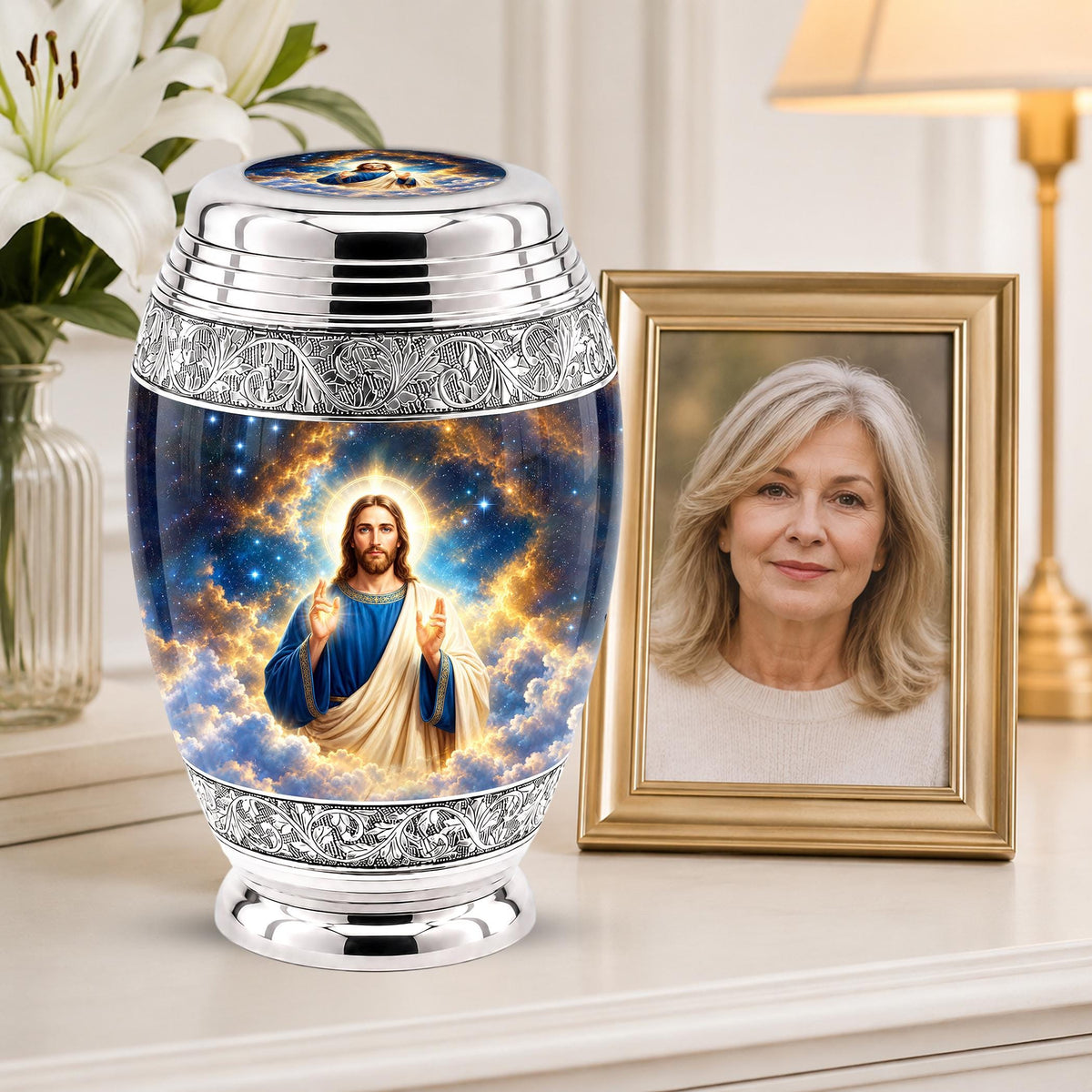 Personalized Jesus Cremation Urn - Celestial Christian Memorial Ashes Urn (200 Cubic)