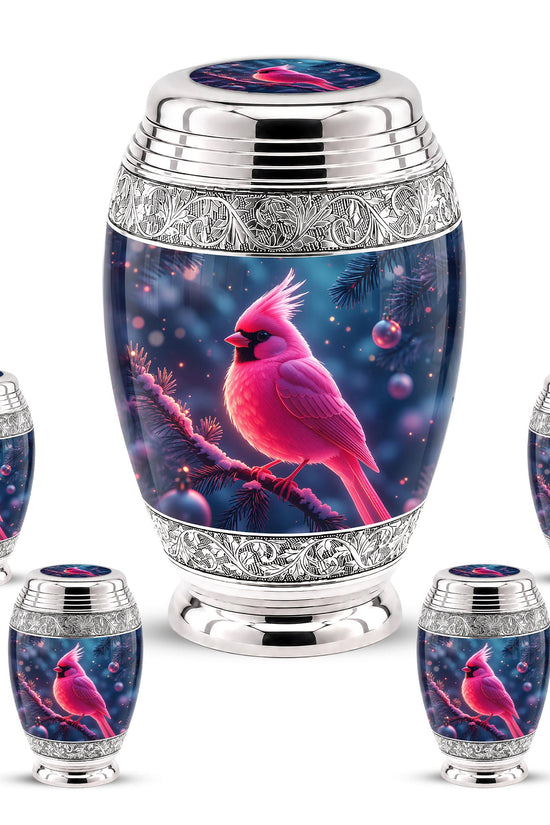Personalized Pink Cardinal Cremation Urn, Silver-Tone Memorial Ashes Urn (Winter Scene)