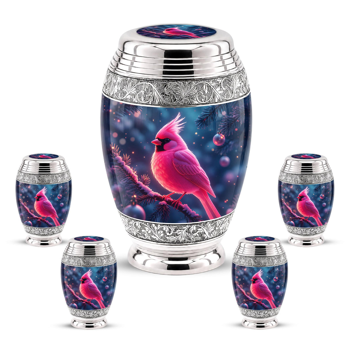 Personalized Pink Cardinal Cremation Urn, Silver-Tone Memorial Ashes Urn (Winter Scene)