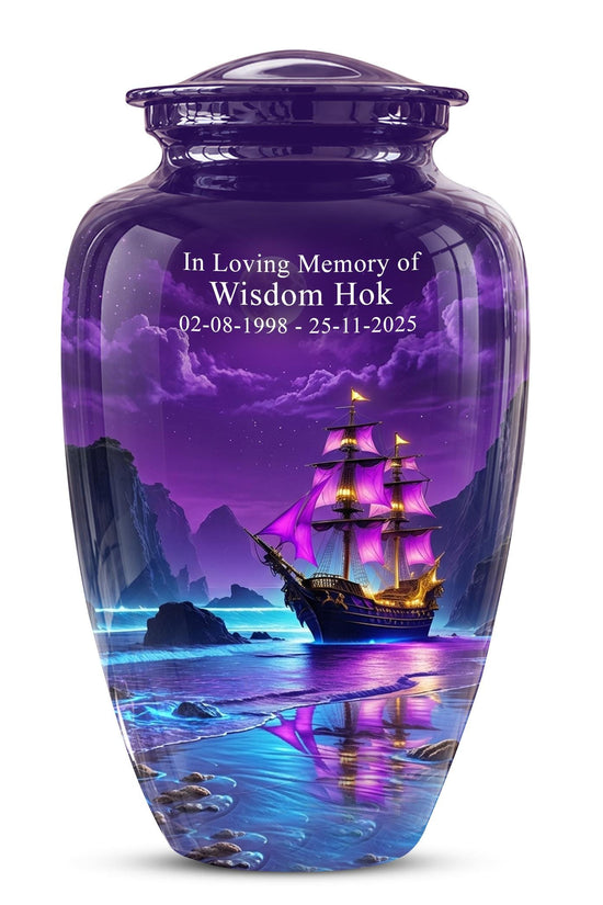 Personalized Pirate Ship Urn, Moonlit Ocean Cremation Memorial Keepsake