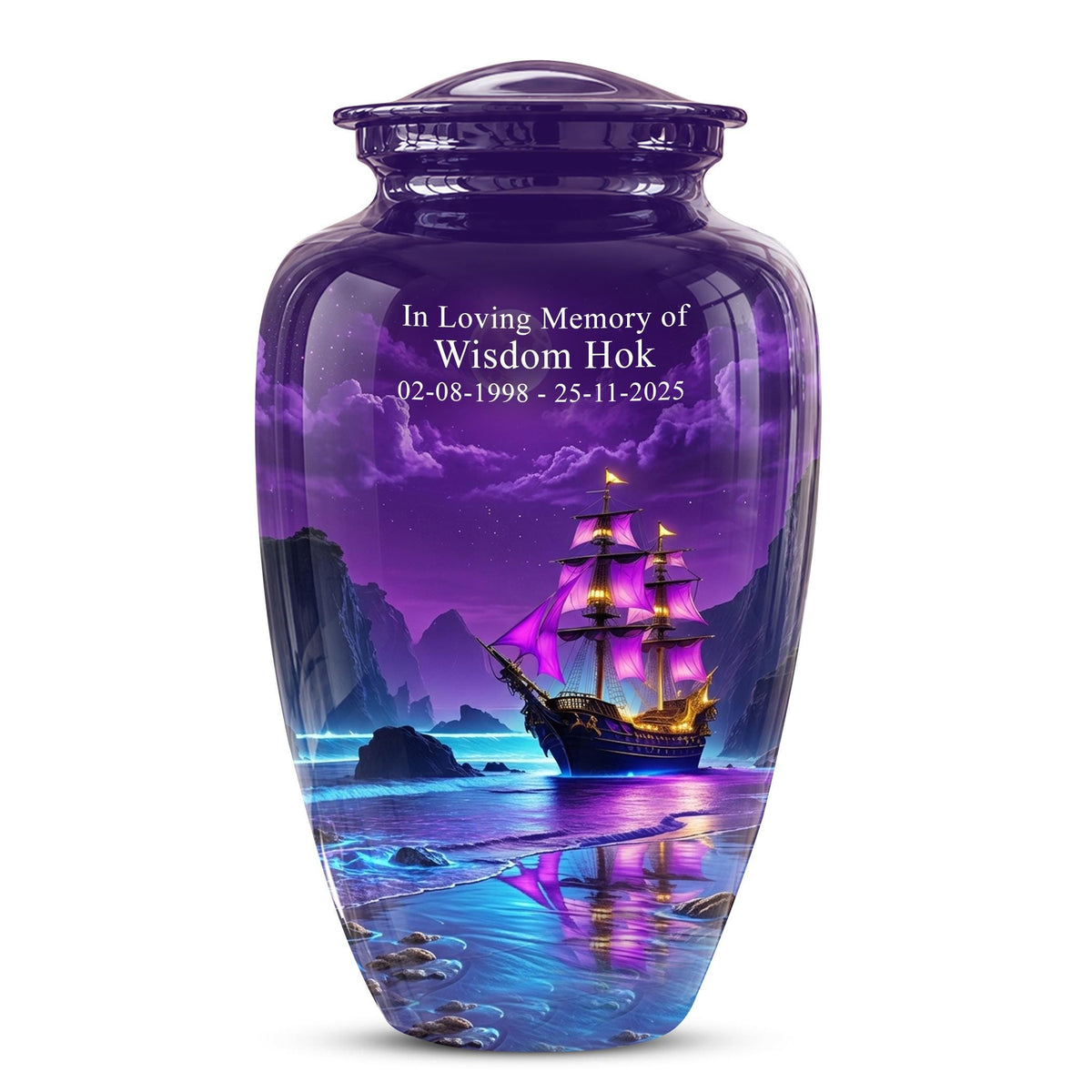 Personalized Pirate Ship Urn, Moonlit Ocean Cremation Memorial Keepsake