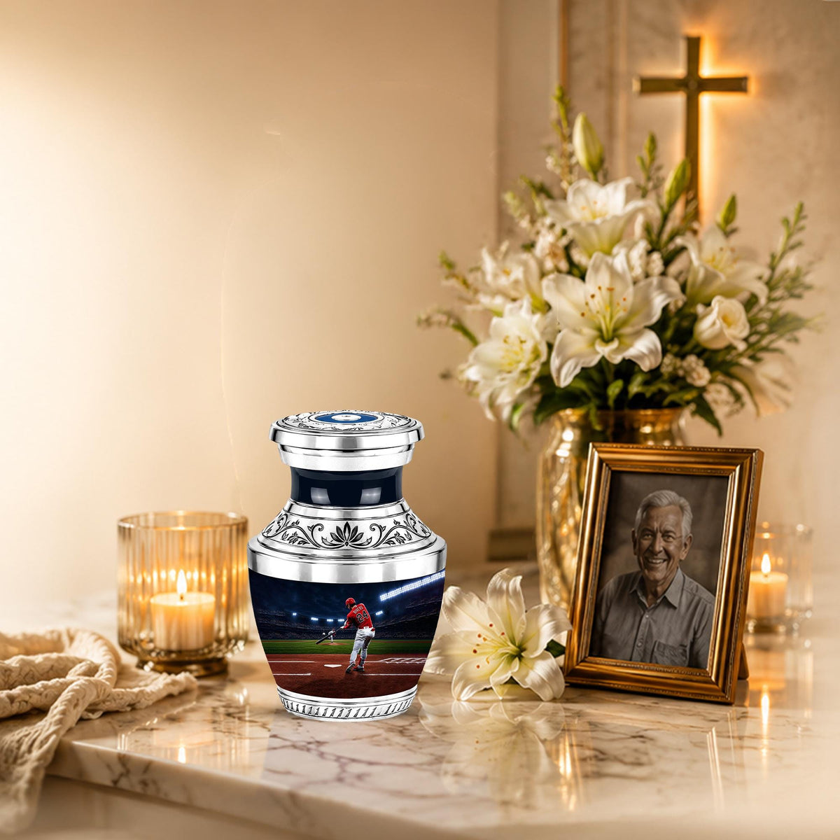 Baseball Player Cremation Urn for Ashes - Red Jersey Baseball Memorial Urn