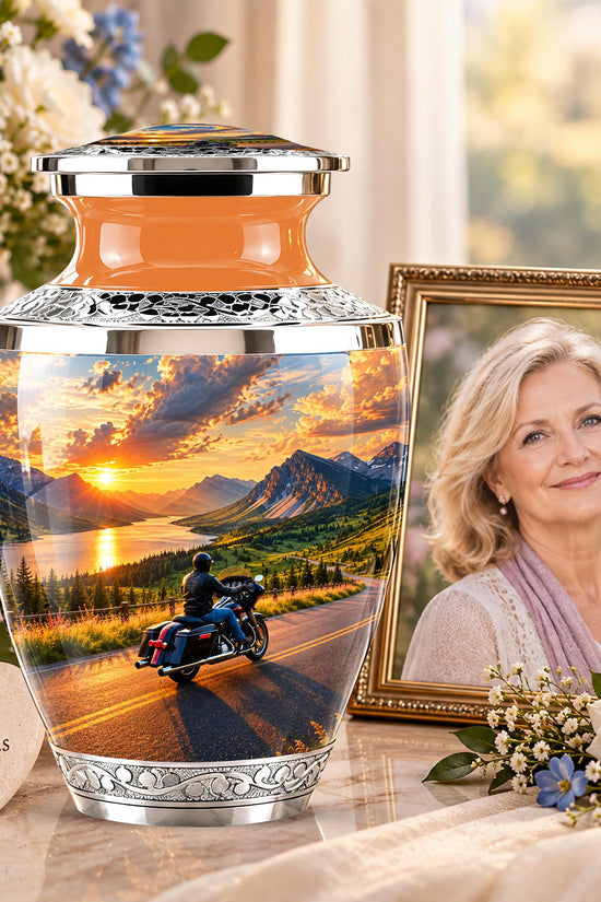 Personalized Motorcycle Cremation Urn, Mountain Road Sunset Rider Memorial