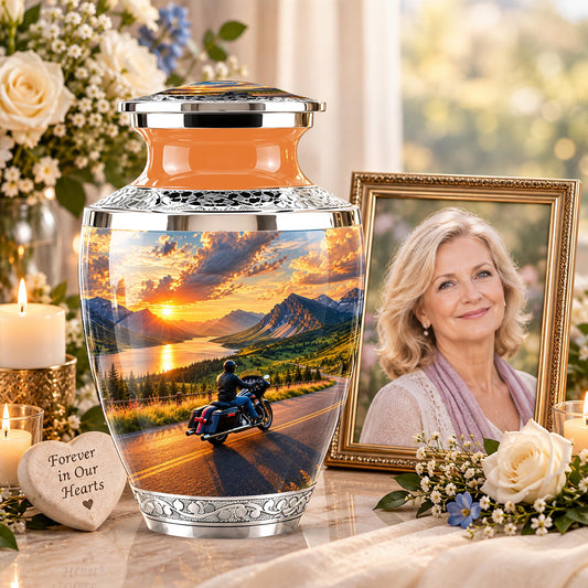 Personalized Motorcycle Cremation Urn, Mountain Road Sunset Rider Memorial