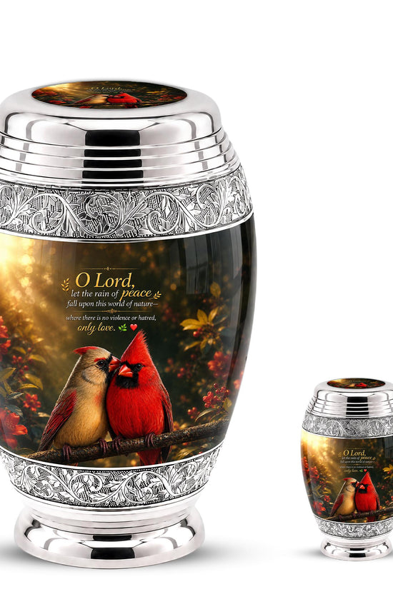 Personalized Cardinal Cremation Urn, Silver-Tone Memorial Ashes Urn, Floral Nature Scene