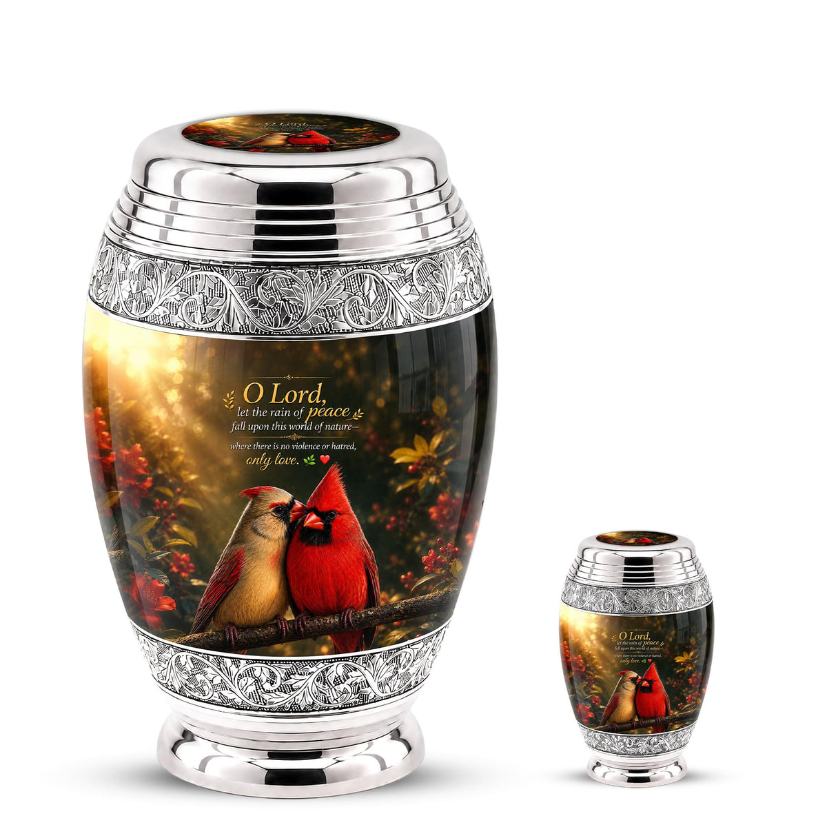 Personalized Cardinal Cremation Urn, Silver-Tone Memorial Ashes Urn, Floral Nature Scene