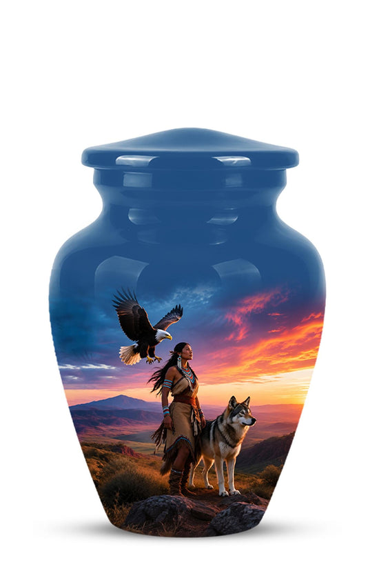 Personalized Native American Cremation Urn for Ashes - Eagle & Wolf Memorial Urn, Custom Human Ashes Urn, Spiritual Funeral Urn