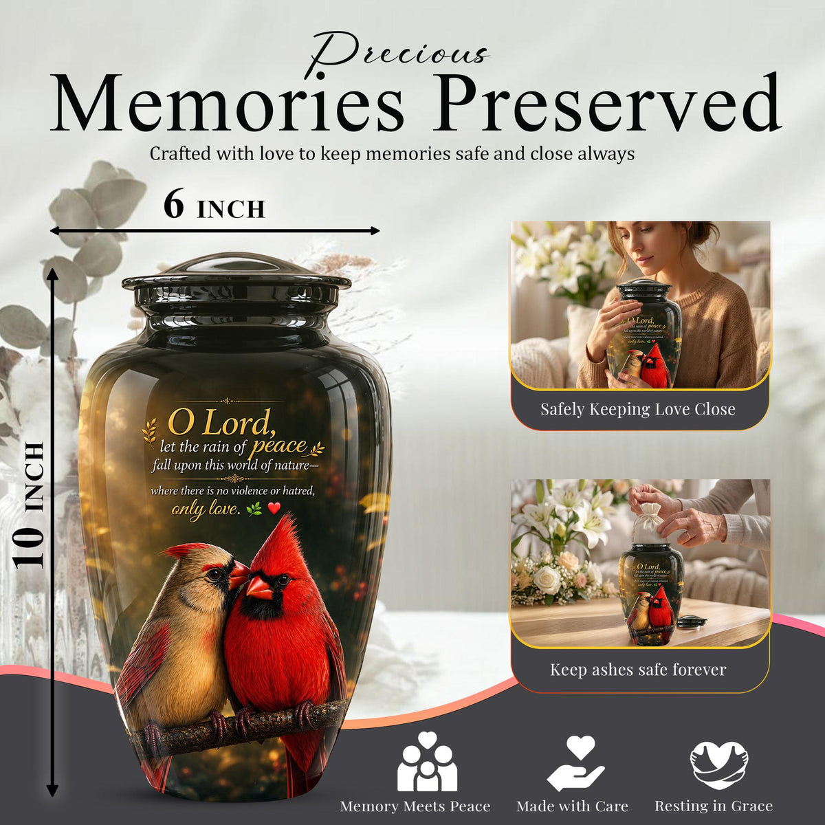 Cardinal Cremation Urn, Vibrant Bird Memorial Tribute, Christian Peace Keepsake