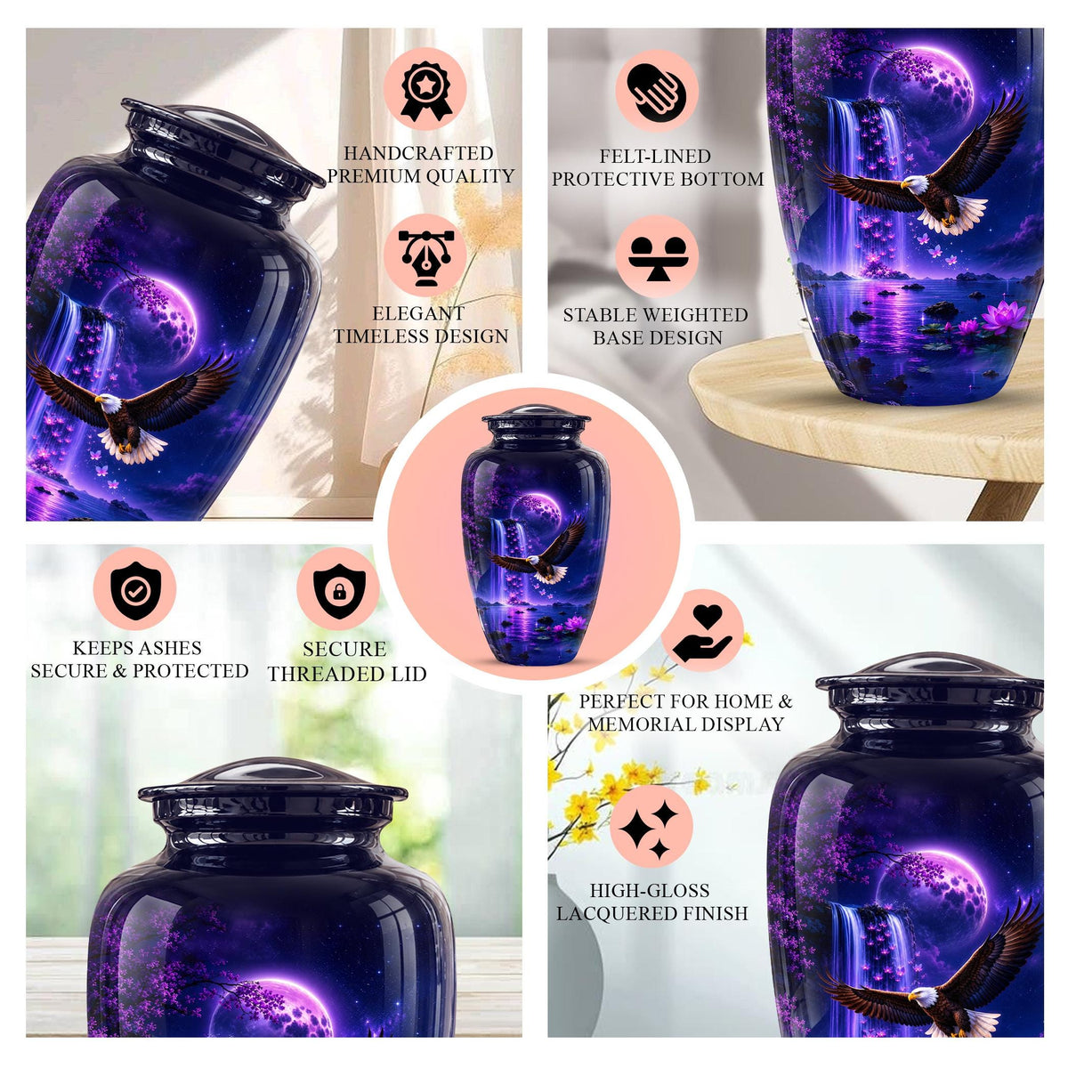 Eagle Cremation Urn for Ashes - Purple Waterfall Bald Eagle Memorial Urn