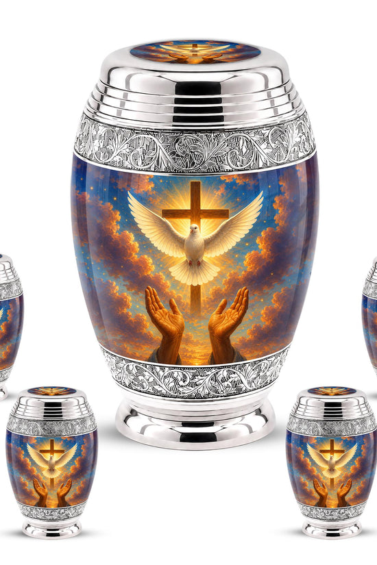 Personalized Christian Cremation Urn, Dove & Cross Memorial Ashes (Silver Tone)