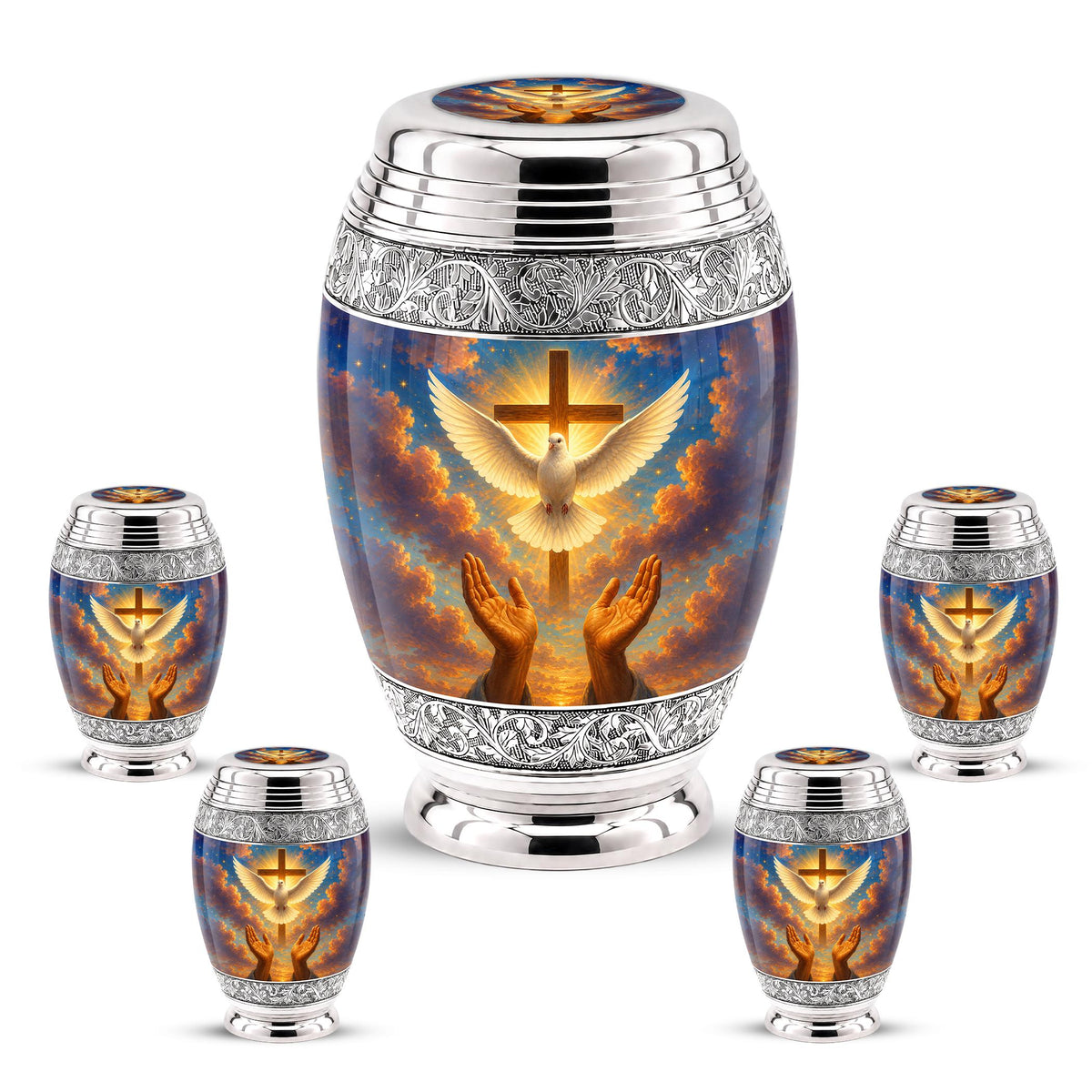Personalized Christian Cremation Urn, Dove & Cross Memorial Ashes (Silver Tone)