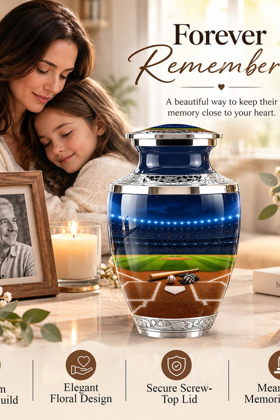 Baseball Cremation Urn for Ashes - Silver Baseball Stadium Memorial Urn