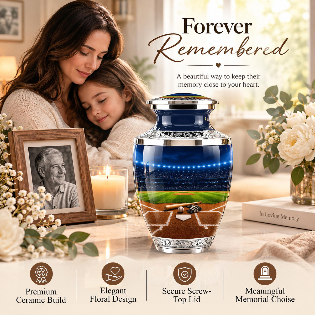Baseball Cremation Urn for Ashes - Silver Baseball Stadium Memorial Urn