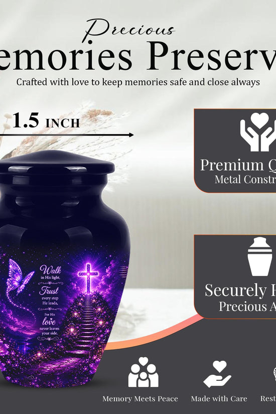 Purple Butterfly Cremation Urn for Ashes - Christian Memorial Urn with Glowing Cross