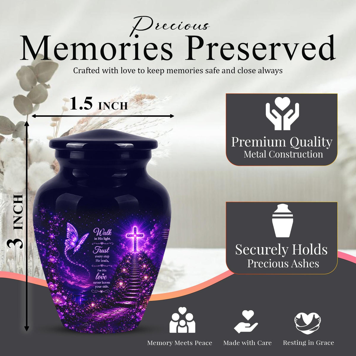 Purple Butterfly Cremation Urn for Ashes - Christian Memorial Urn with Glowing Cross