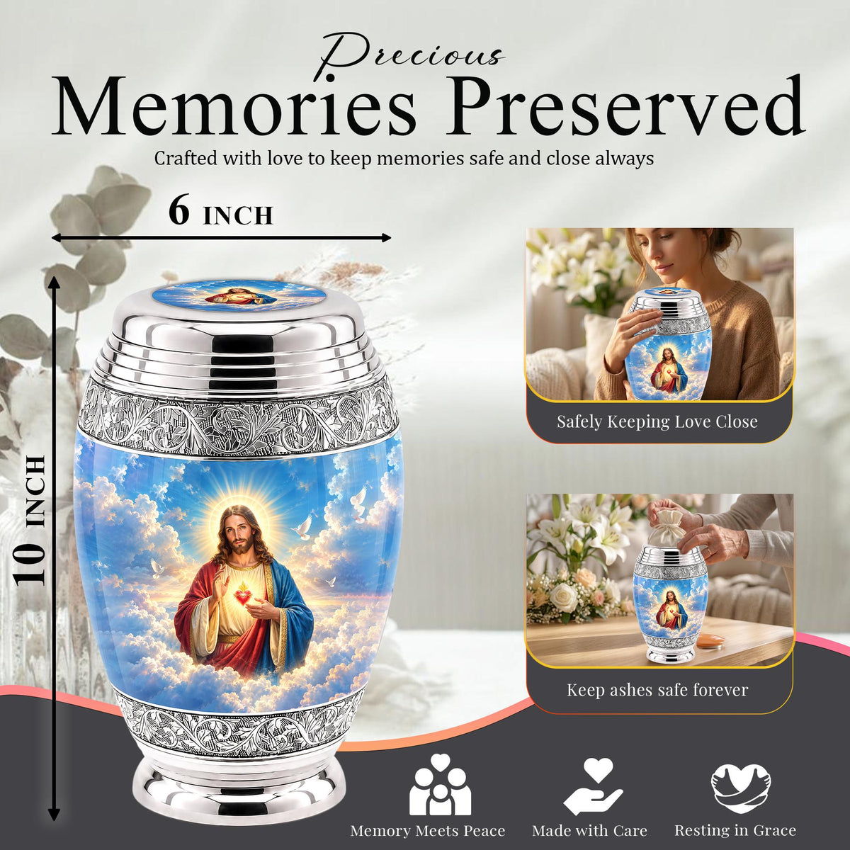 Personalized Jesus Cremation Urn - Christian Memorial Ashes, Sacred Heart (200 Cubic)