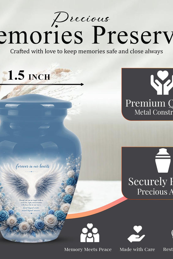 Personalized Angel Wings Cremation Urn - Blue Roses Memorial Keepsake Urn