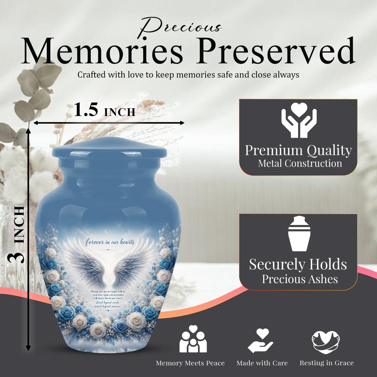Personalized Angel Wings Cremation Urn - Blue Roses Memorial Keepsake Urn