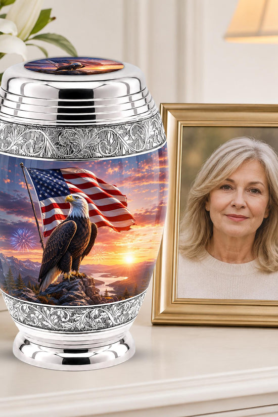 American Flag Eagle Cremation Urn for Ashes - Silver Patriotic Bald Eagle Memorial Urn