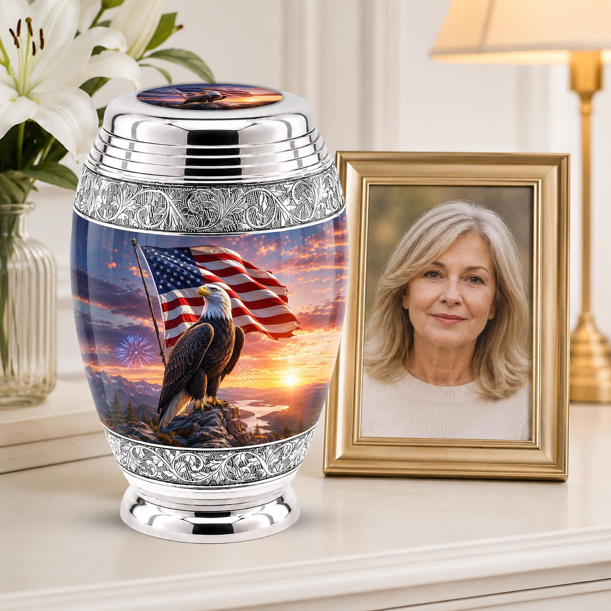 American Flag Eagle Cremation Urn for Ashes - Silver Patriotic Bald Eagle Memorial Urn