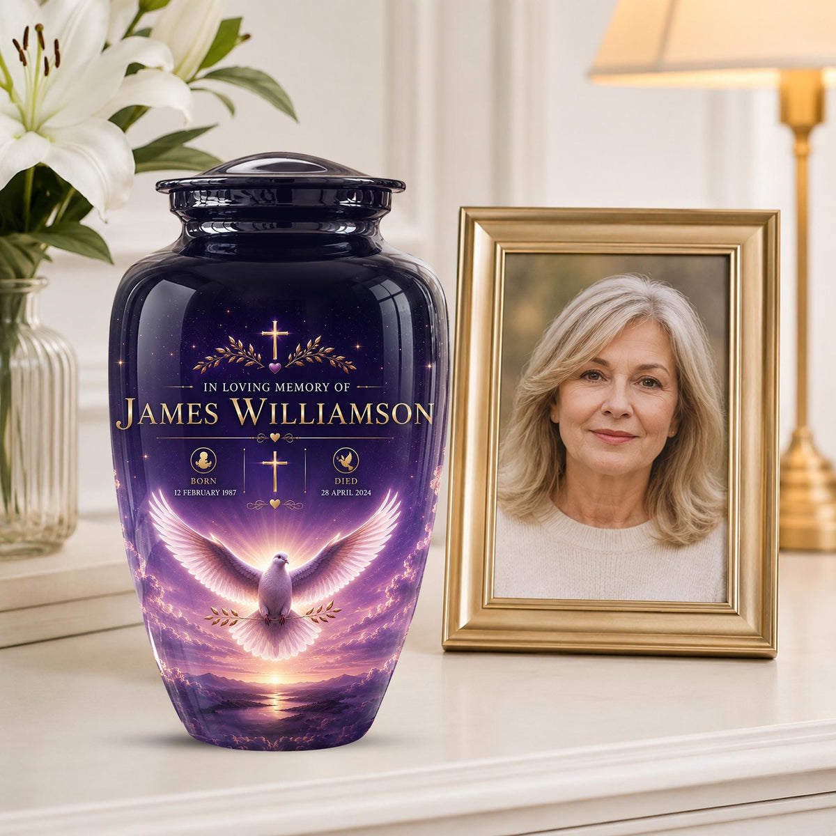 Personalized Purple Dove Cremation Urn - Peaceful Memorial Tribute (Adult)