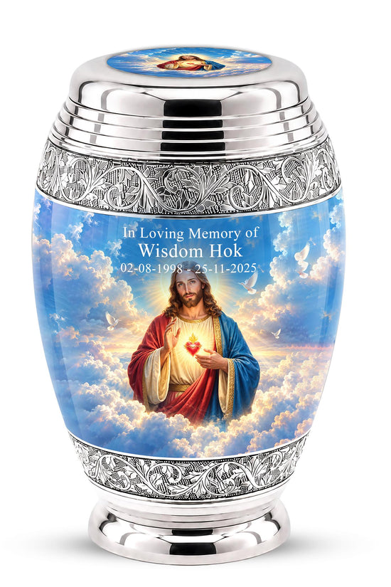 Personalized Jesus Cremation Urn - Christian Memorial Ashes, Sacred Heart (200 Cubic)