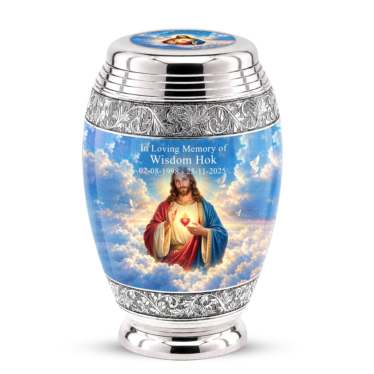 Personalized Jesus Cremation Urn - Christian Memorial Ashes, Sacred Heart (200 Cubic)