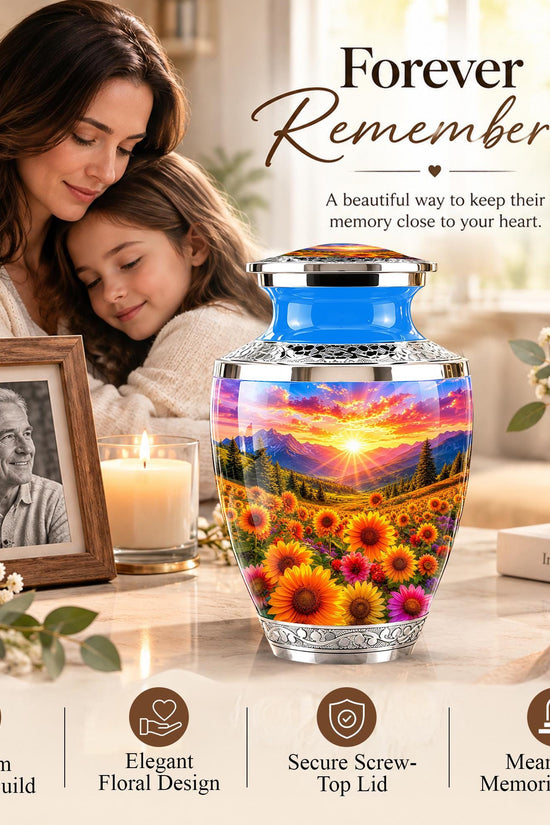 Personalized Cremation Urn, Floral Sunset Mountain Landscape, Memorial Keepsake