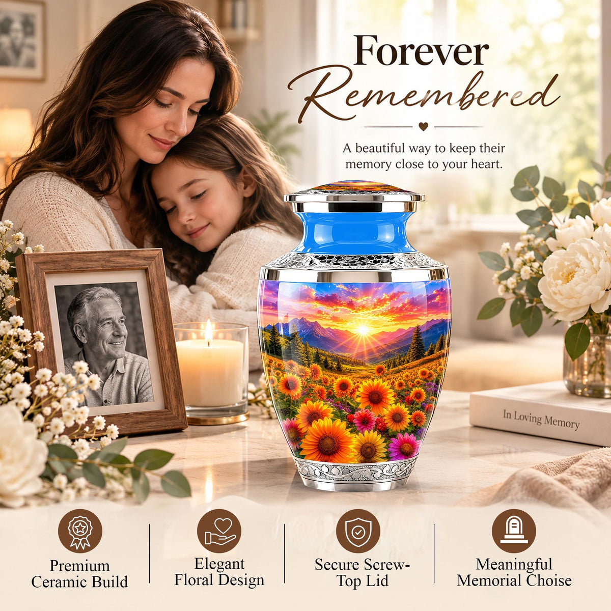 Personalized Cremation Urn, Floral Sunset Mountain Landscape, Memorial Keepsake