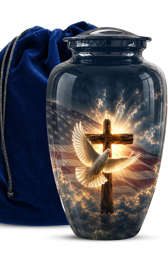 Personalized Christian Cremation Urn, American Flag Cross Memorial Keepsake
