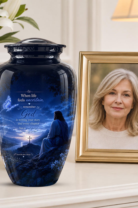Personalized Jesus Cremation Urn for Ashes, Christian Memorial Urn - In Loving Memory Religious Tribute